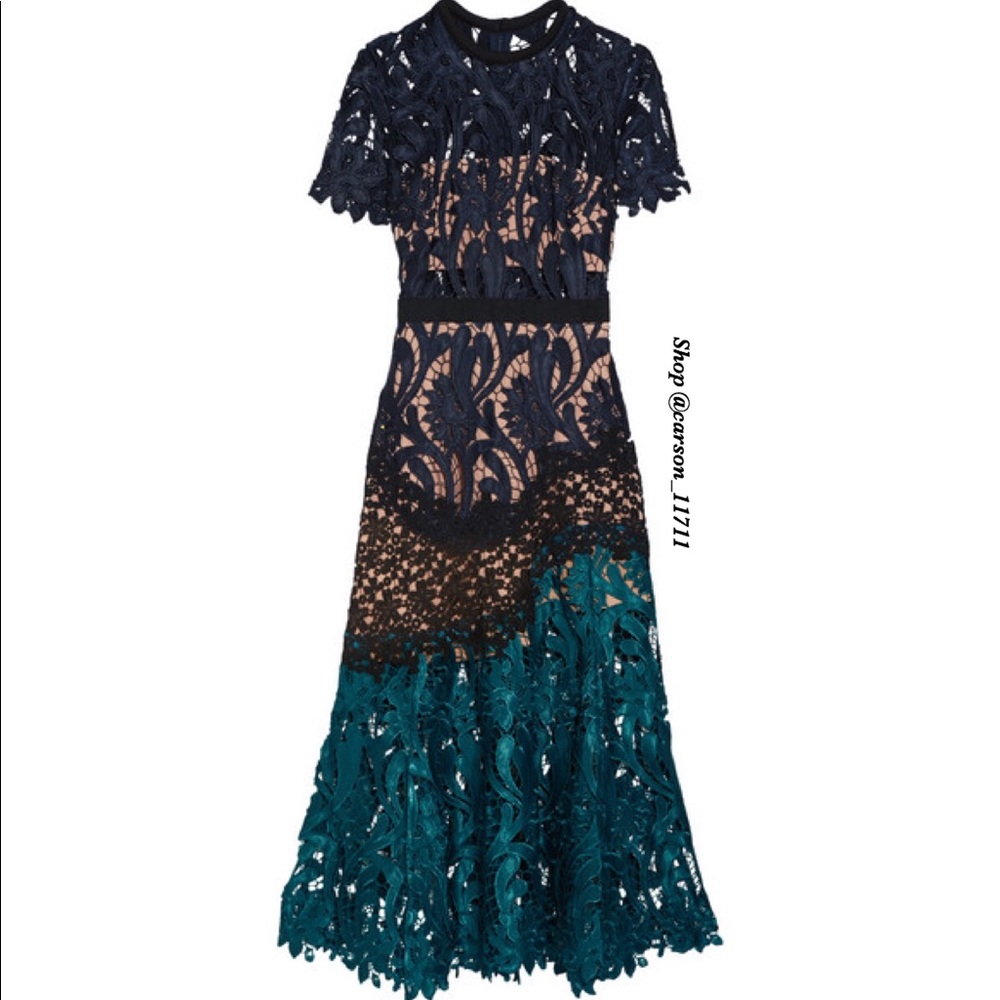 NWT Self Portrait Prairie Midi Dress Navy/Teal - Picture 12 of 17